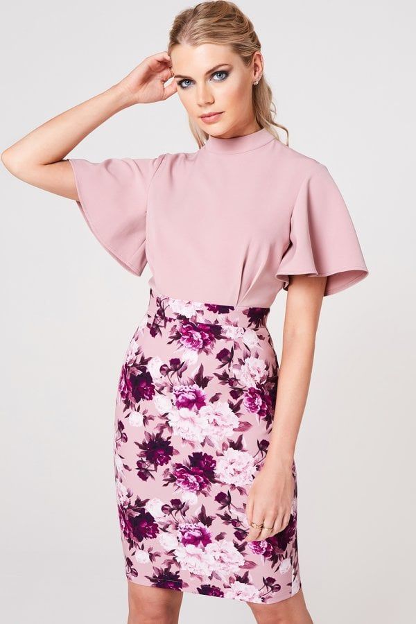 Kasai Dusty Blush Floral-Print Flutter Sleeve Dress size: