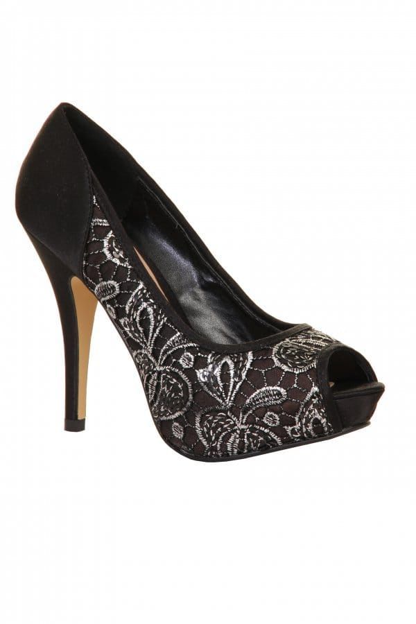 Black & Silver Lace Overlay Peep Toe Court  size: Foot