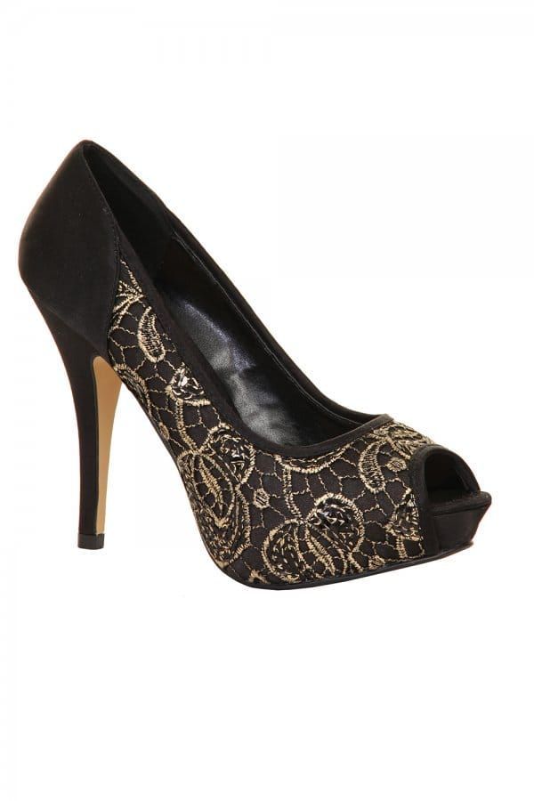 Black & Gold Lace Overlay Peep Toe Court  size: Footwe