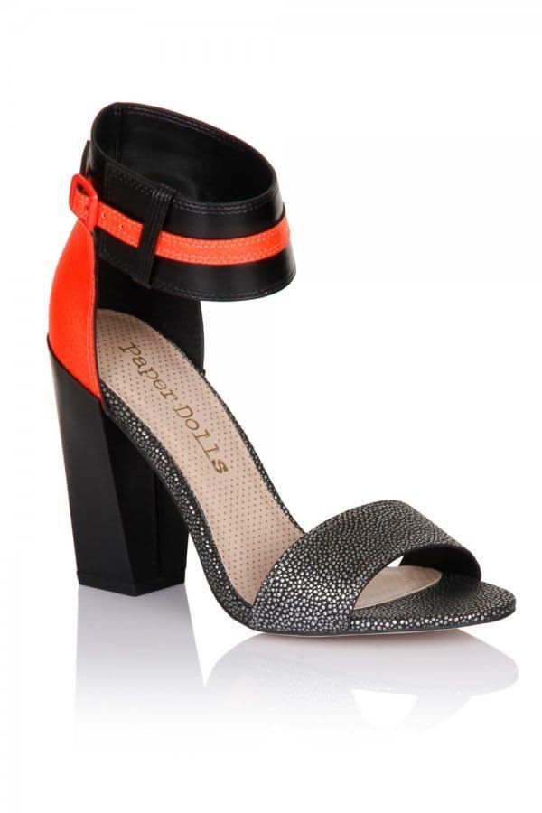 Black and Coral Metallic Two Strap Heels size: Footwear 3