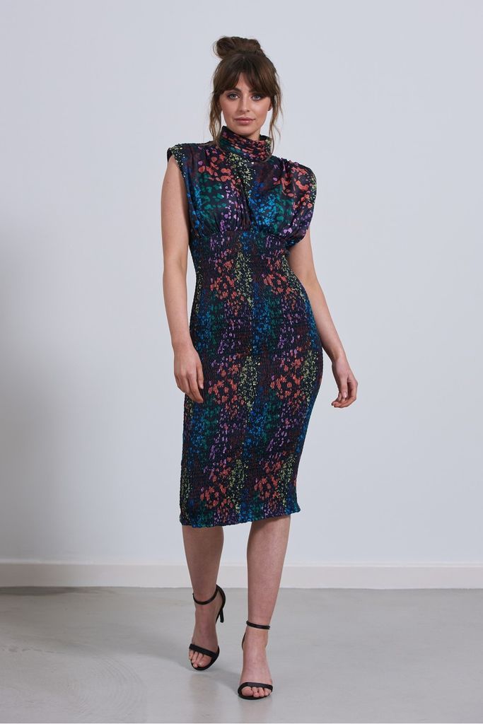 Multi Print High Neck Shoulder Padded Midi Dress size: