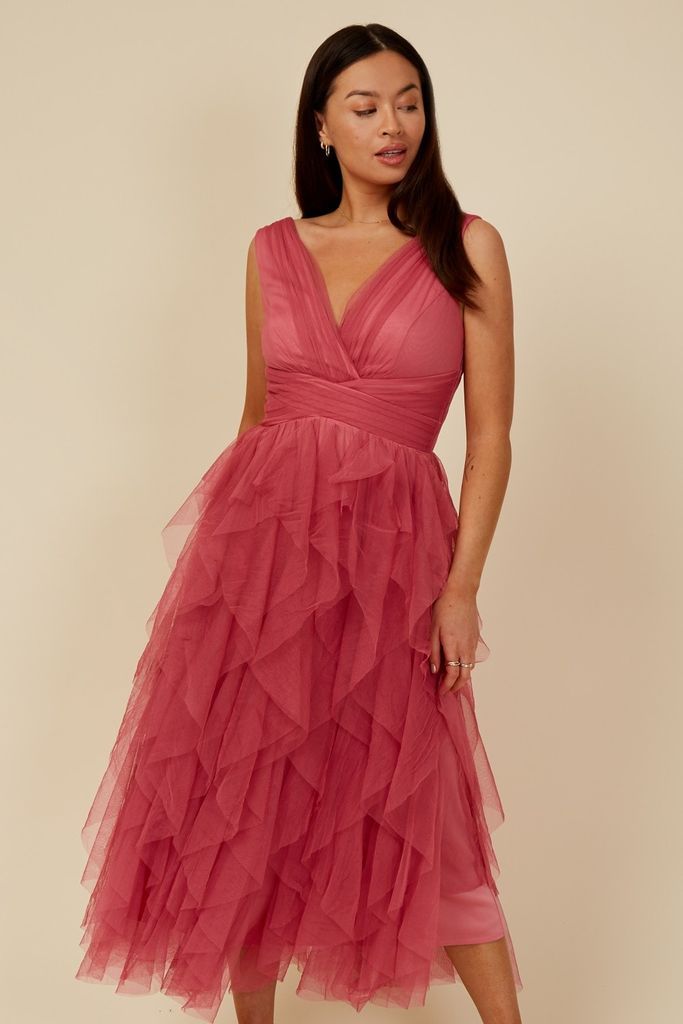 Bridesmaid Leonora Rose Pink Ruffle Mesh Midi Dress si