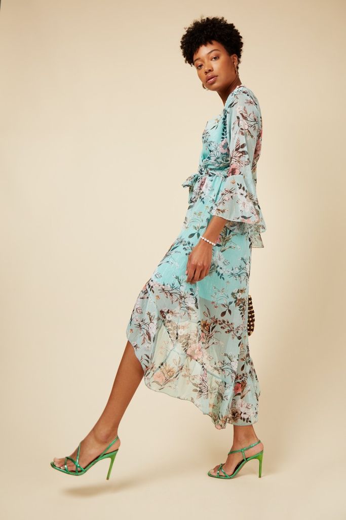 Mint Floral Tye Waist Midaxi Wrap Dress size: One Size