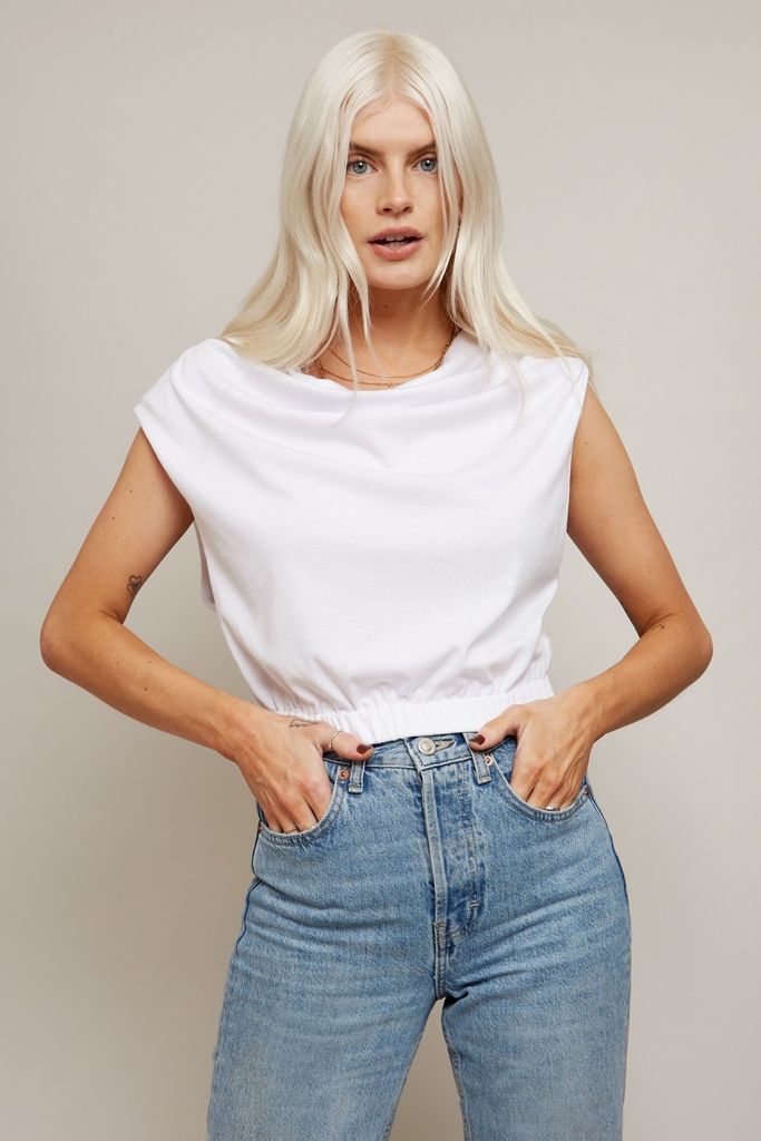 Kelly White Cropped Tshirt With Cowl Neck and Shoulder