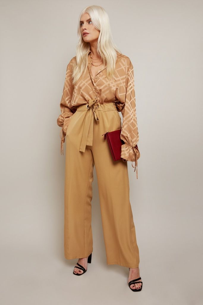 Victoria Camel Tailored Wide Leg Trouser With Waist Ti