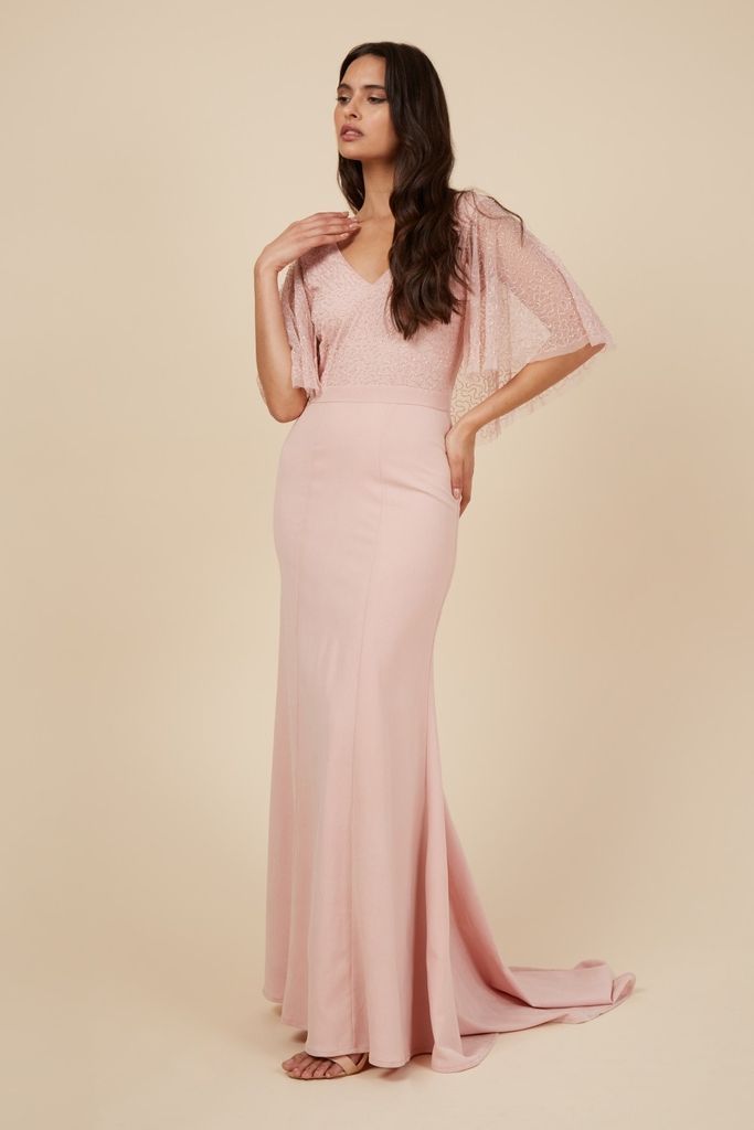 Emerald Pink Angel Sleeve Maxi Embellished Dress size: