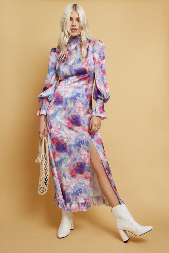 Livia Blurred Floral-Print Satin High-Neck Midaxi Dres
