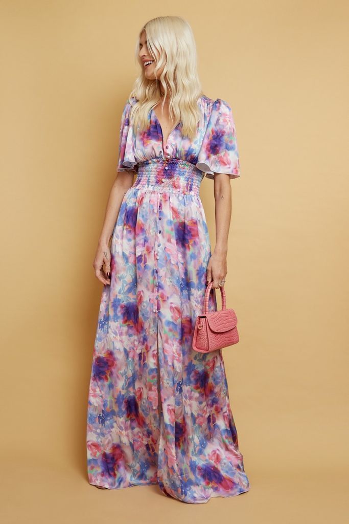Oana Blurred Floral-Print Satin Button Front Maxi Dres