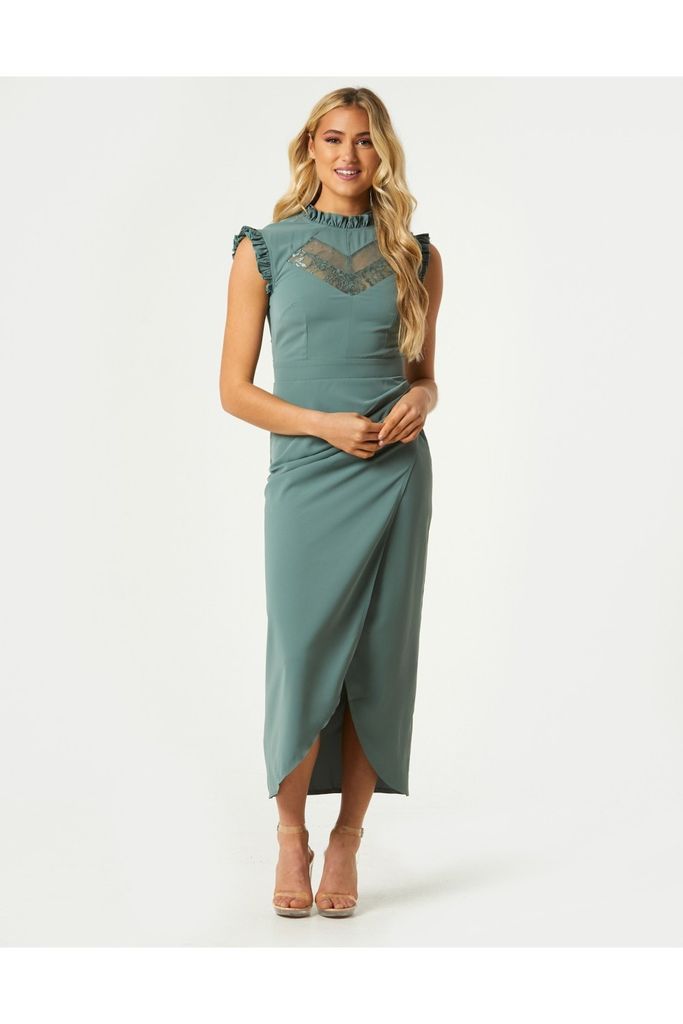 Sabrin Green Lace Insert Mock Wrap Midaxi Dress size: