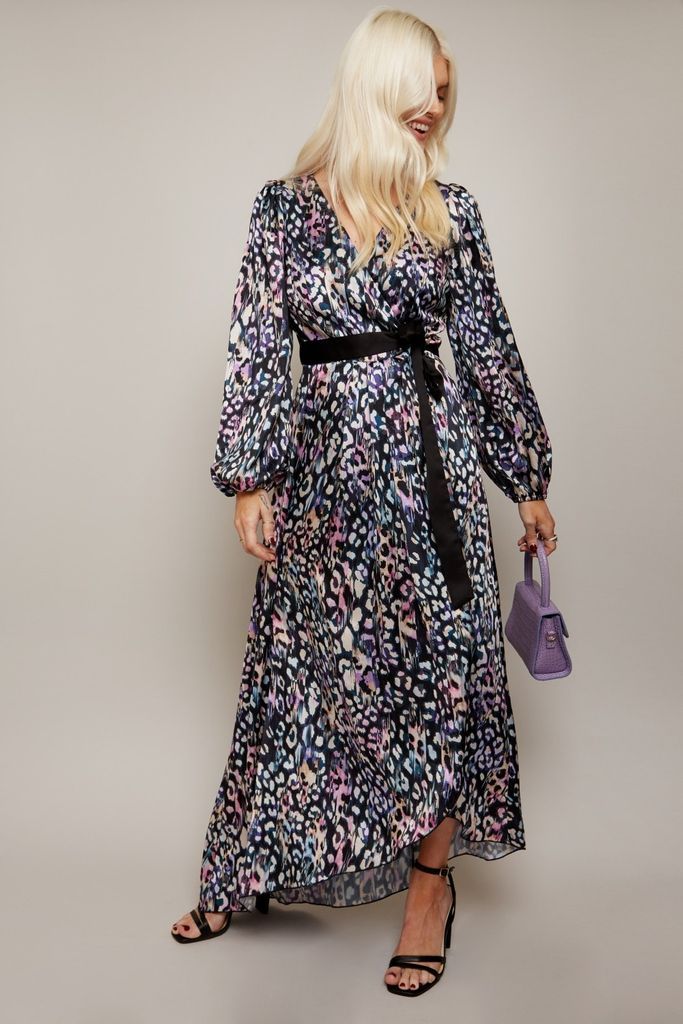 Zaire Leopard-Print Satin Asymmetric Maxi Wrap Dress s