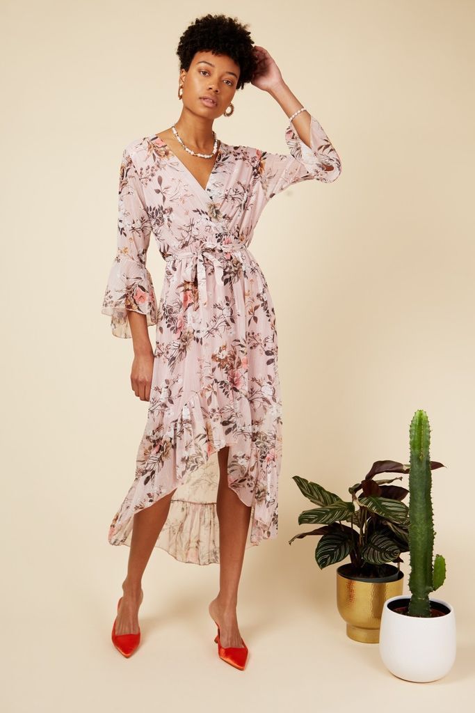 Blush Floral Tye Waist Midaxi Wrap Dress size: One Siz