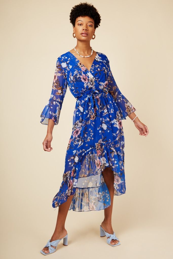 Colbalt Floral Tye Waist Midaxi Wrap Dress size: One S