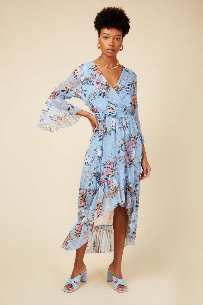 Blue Floral Tye Waist Midaxi Wrap Dress size: One Size