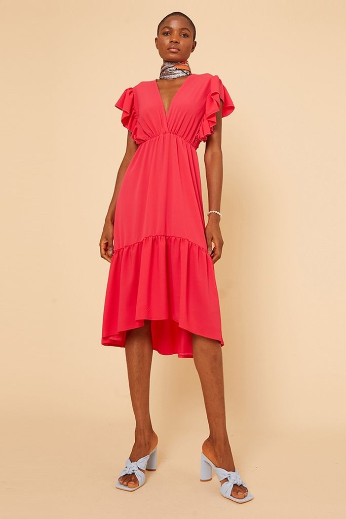 Pink Frill Detail Sleeve Midaxi Dress wiith Low Hem De