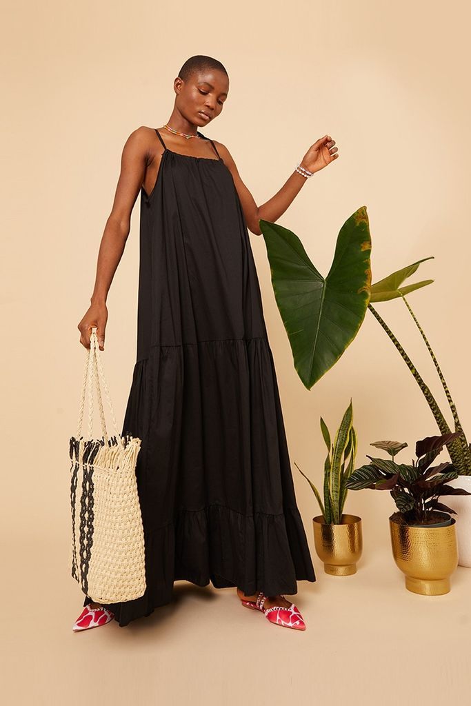 Black Maxi Strappy Smock Dress size: One Size, colour: