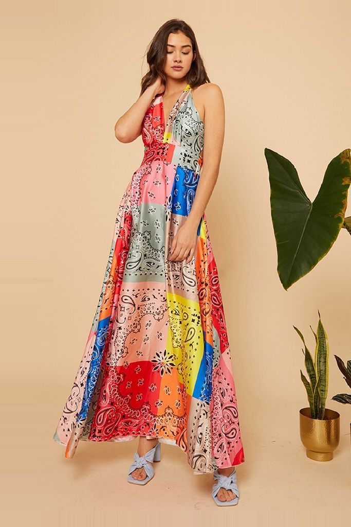 Bright Multi Patch Work Print Strappy Wrap Dress size: