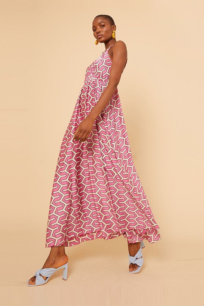 Pink Aztec Printed Strappy Wrap Midi Dress size: One S