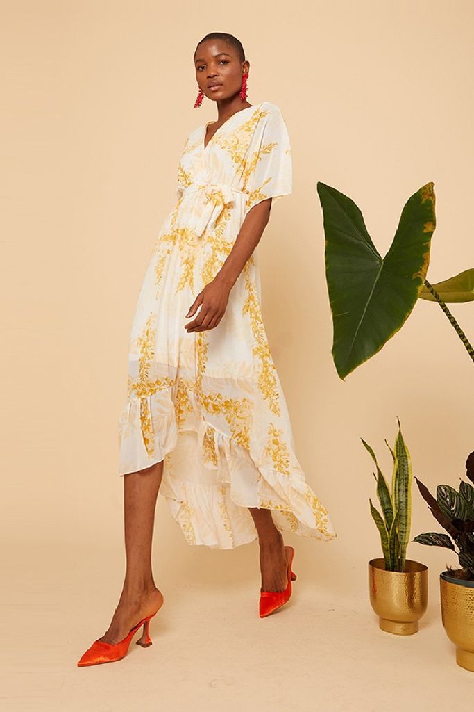 Yellow Floral Wrap Midi Dress  size: One Size, colour: