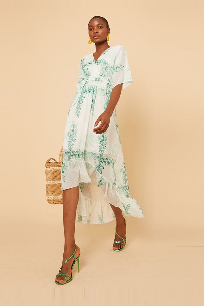 Green Floral Wrap Midi Dress  size: One Size, colour: