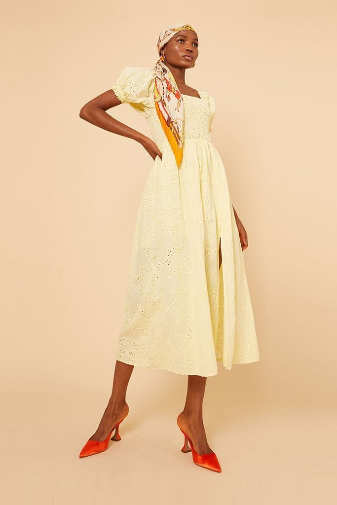 Yellow Puff Sleeve Brodire Midi Dress size: One Size,