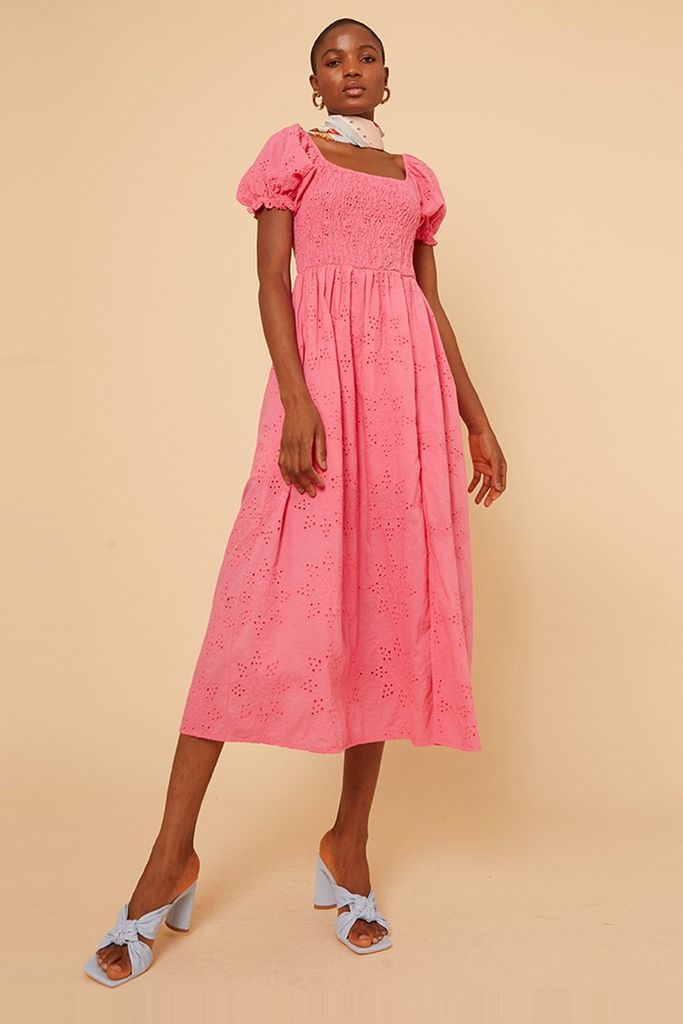 Pink Puff Sleeve Brodire Midi Dress size: One Size, co