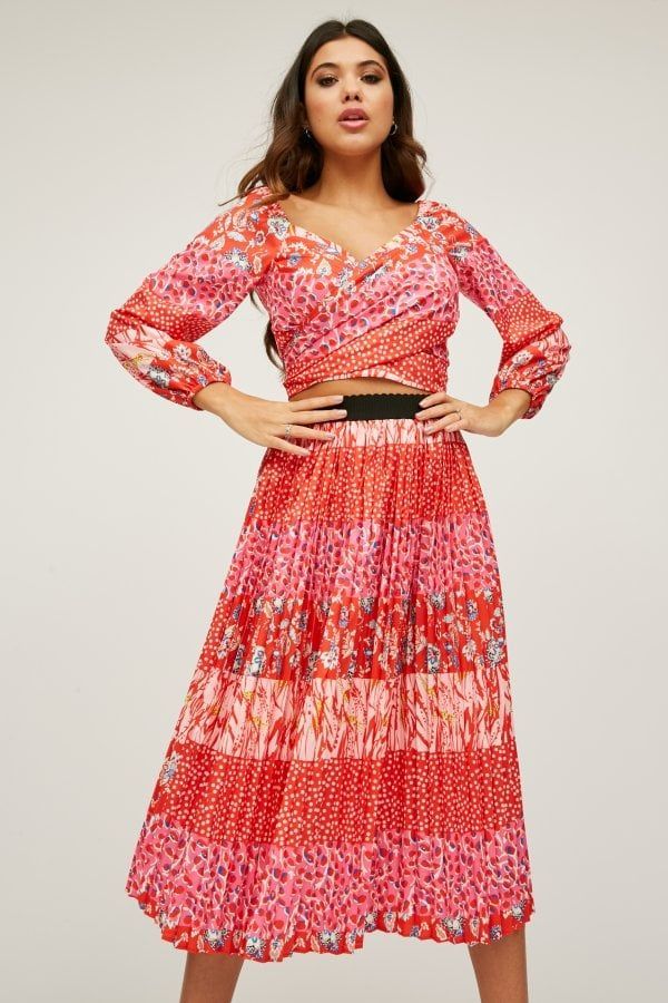 Xavier Red Mixed-Print Pleated Midi Skirt Co-ord size: