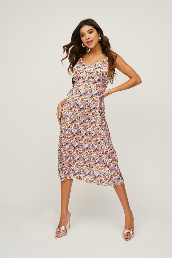 Huni Floral-Print Satin Lace-Up Midi Slip Dress size: