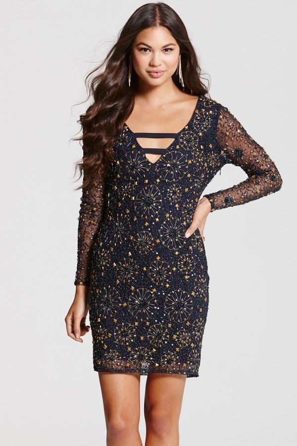 Navy and Gold Heavily Embellished Bodycon Dress size: