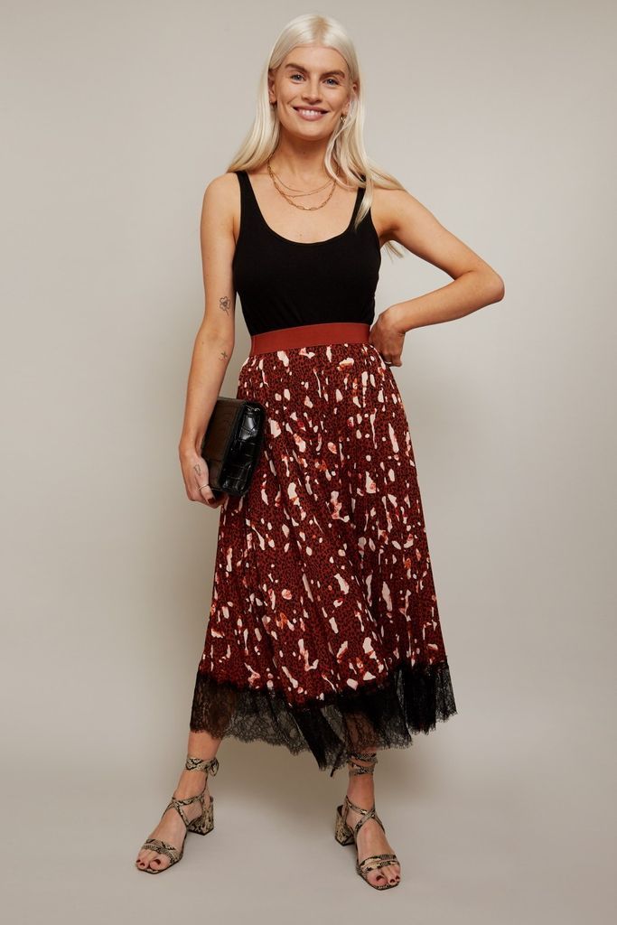 Francesca Rust Print Pleated Midi Skirt With Lace Trim