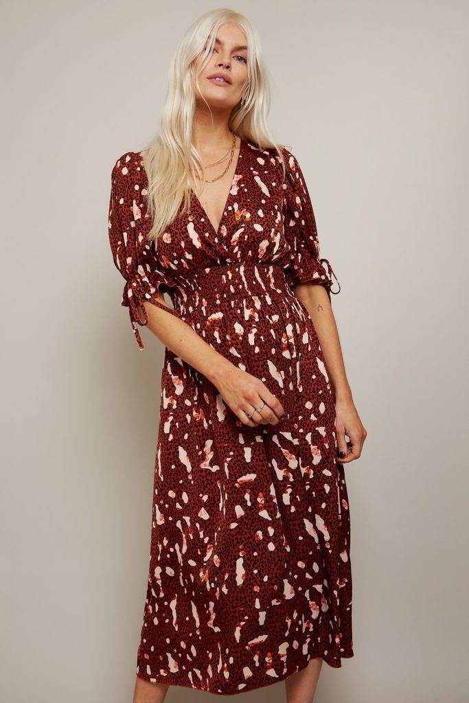 Carly Rust Print Wrap Midi Dress with Tie Sleeve size: