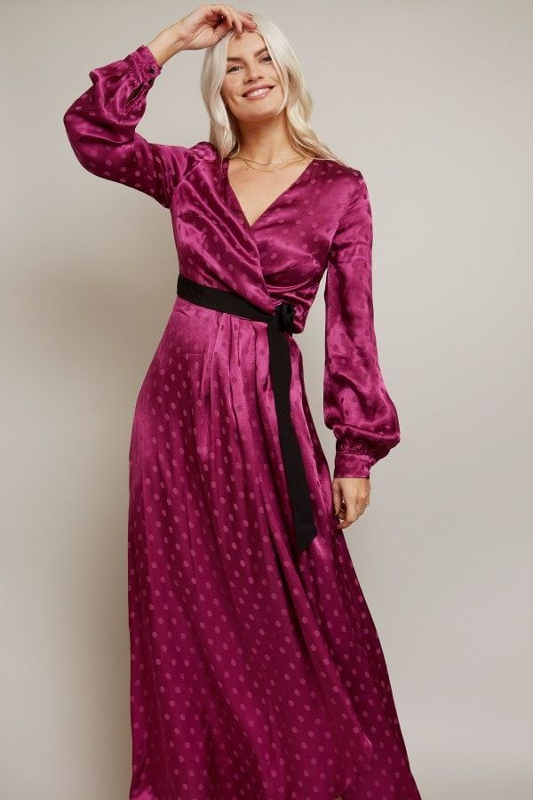 Tasmin Mulberry Polka-Dot Asymmetric Maxi Wrap Dress s