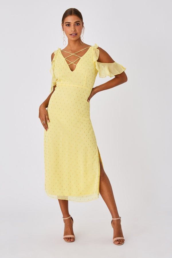 Tandi Lemon Zest Lurex Cold-Shoulder Midaxi Dress size