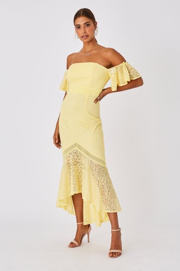 Tandi Lemon Zest Lace Bardot Maxi Dress size: 6 UK