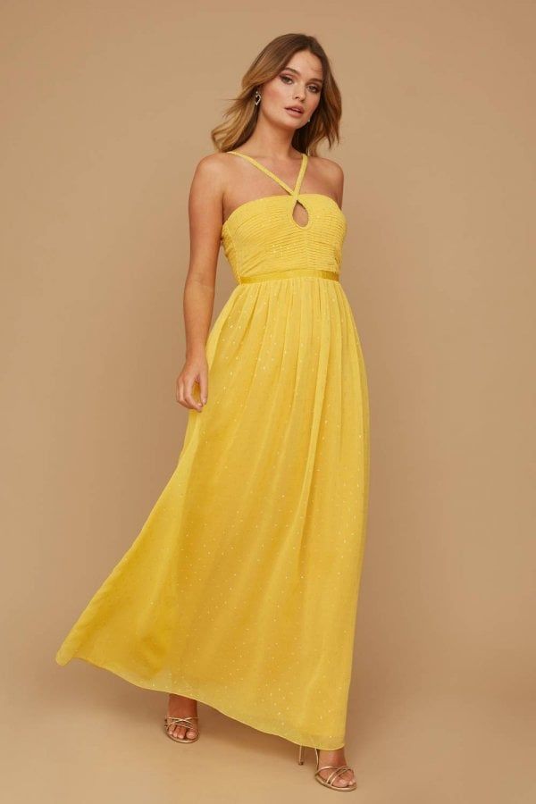 Brandy Yellow Lurex Keyhole Maxi Dress size: 6 UK