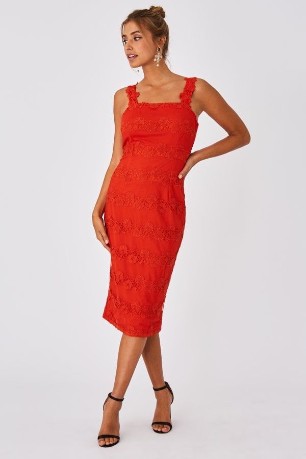 Alana Paprika Floral Lace Mesh Midi Bodycon Dress size