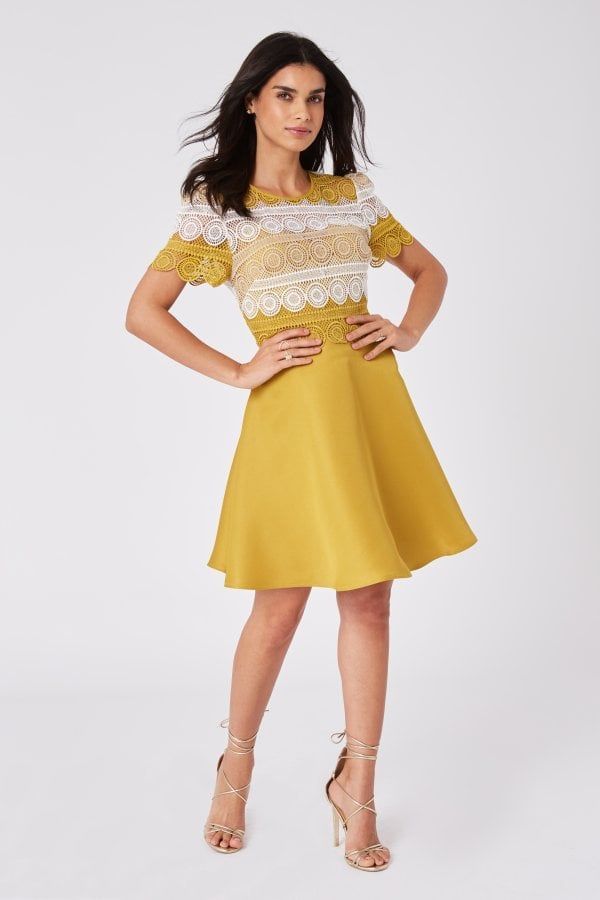 Cara Yellow Crochet Lace Mini Skater Dress size: 6 UK