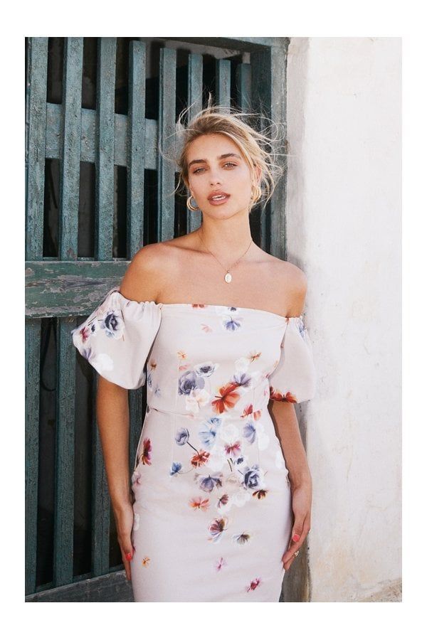 Mindy Floral-Print Puff Sleeve Bardot Bodycon Dress si