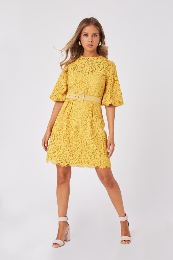 Brandy Yellow Lace Puff Sleeve Belted Shift Dress size