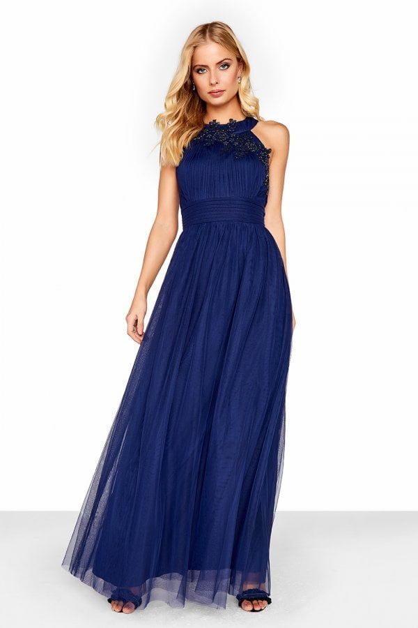 Navy Maxi Dress With Floral Applique size: 6 UK