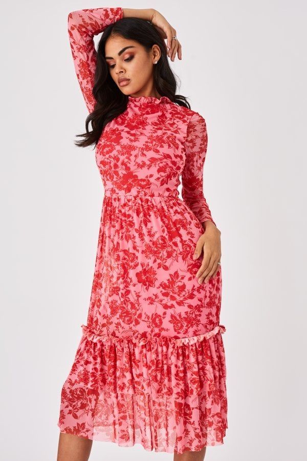 Fleetwood Pink Floral-Print Mesh Midi Dress size: 6 UK