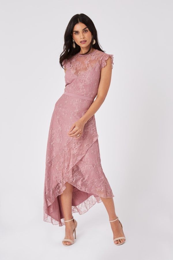 Rosetta Dusty Blush Lace Asymmetric Maxi Dress size: 6