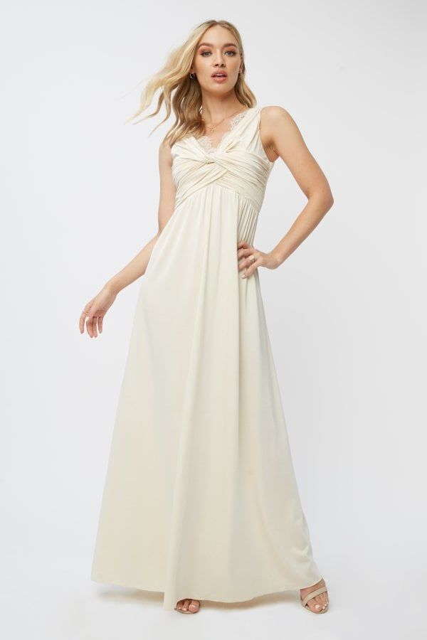 Bridesmaid Teigen Cream Twist Detail Maxi Dress size: