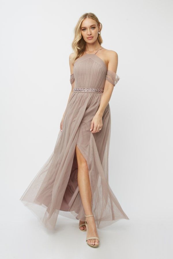 Bridesmaid Leonora Oyster Embellished Belted Maxi Dres
