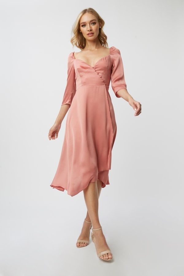 Corrina Desert Rose Satin Button Detail Midi Dress siz