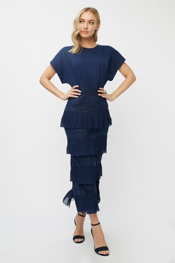 Aliza Navy Tiered Lace Midaxi Dress size: 6 UK
