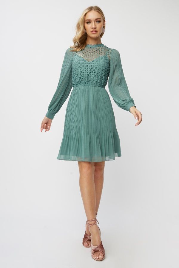 Layla Nile Blue Crochet Pleated Mini Dress size: 6 UK