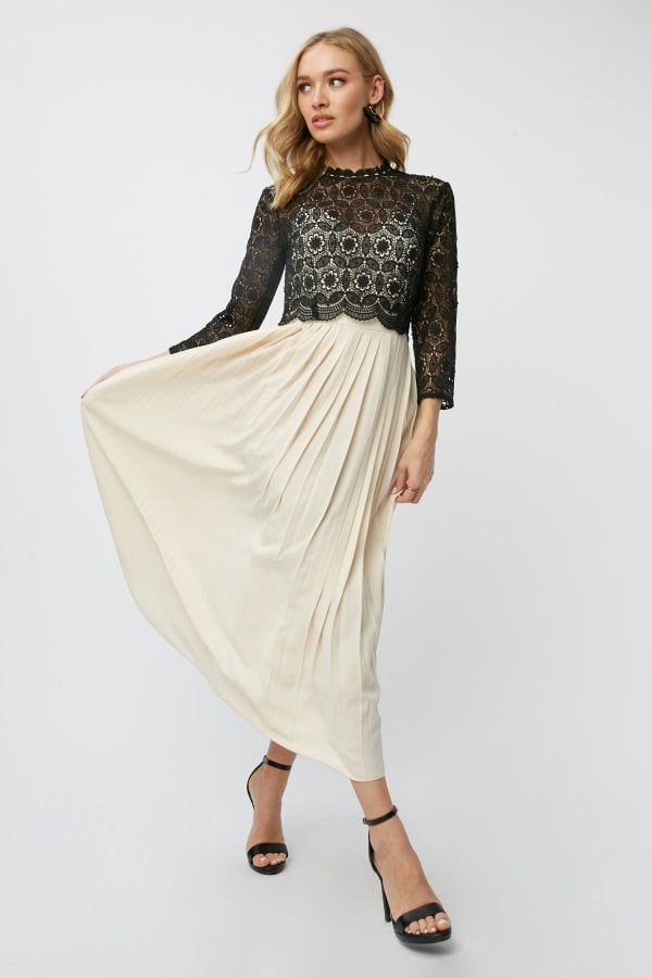 Teigen Cream And Black Contrast Lace Midaxi Dress size