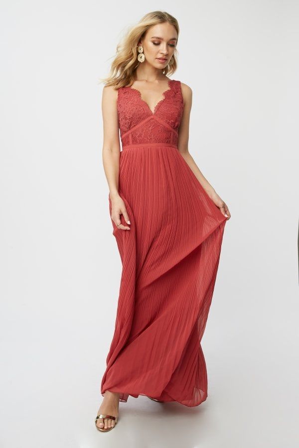 Bridesmaid Luisa Marsala Lace Plunge Maxi Dress size: