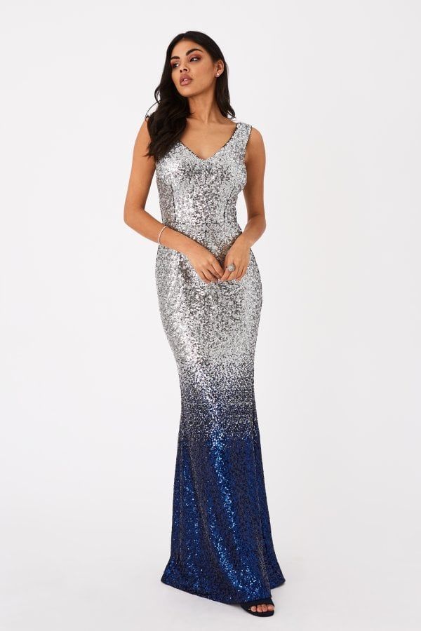 Caprice Silver And Blue Sequin Ombre Maxi Dress size: