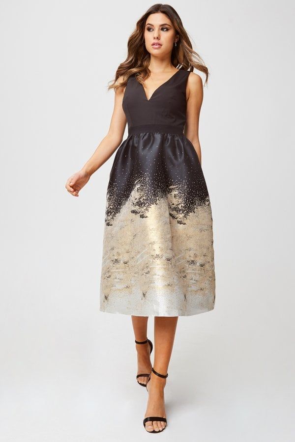 Lisa Black And Gold Jacquard Fit And Flare Midi Dress